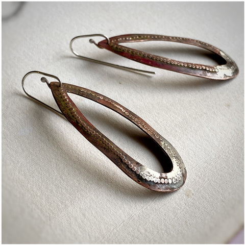 Hand made cut out copper sterling silver teardrop earrings